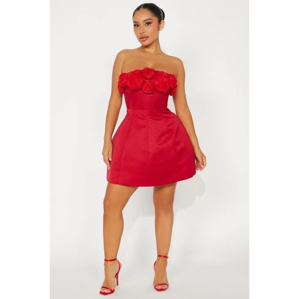 Fashion Nova Bliss Corset Mini Dress Red 3D Floral Rosette Strapless XS